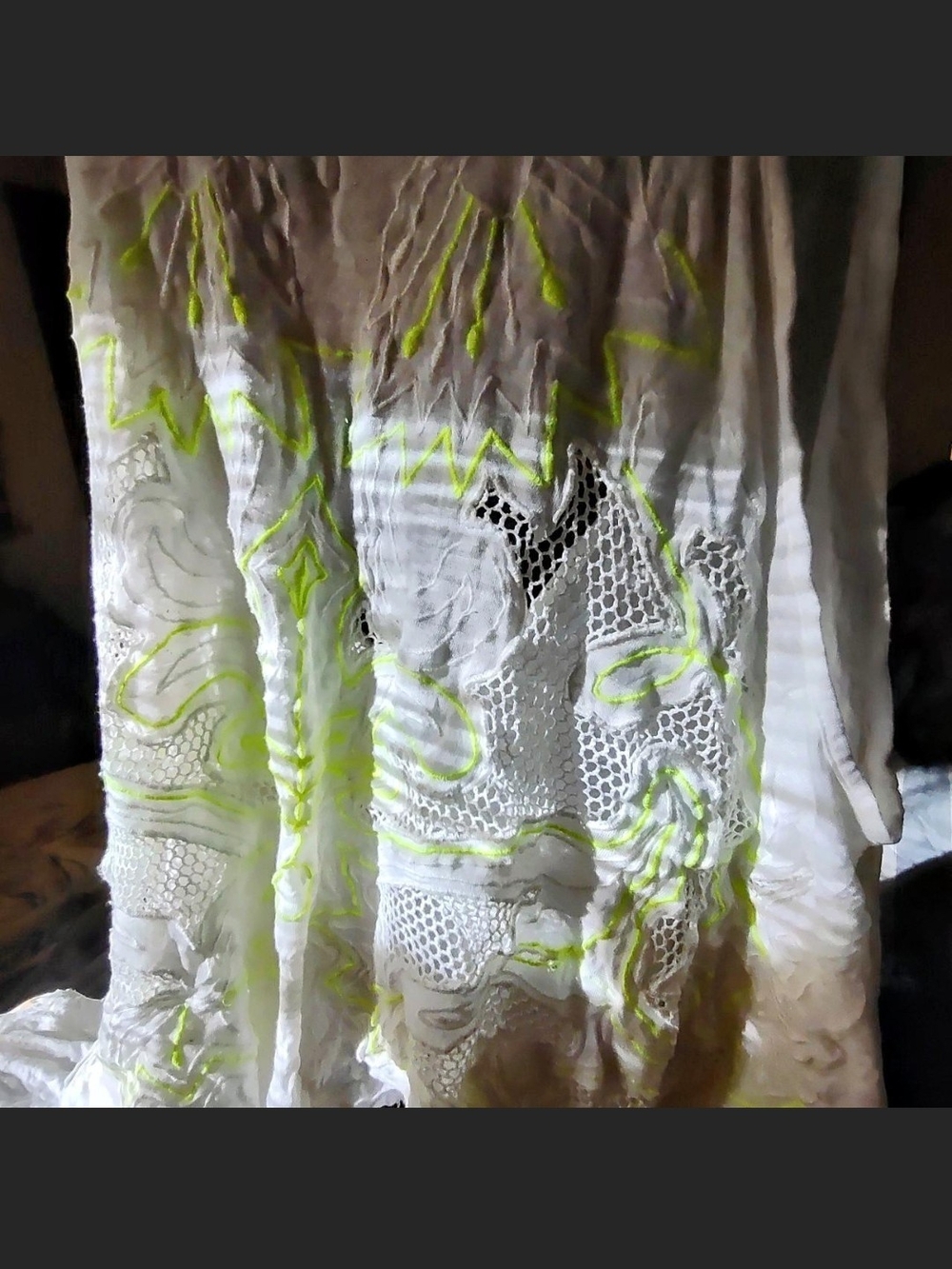 White Gauzy Embroidered Angel Wing Top with Neon Yellow Accents